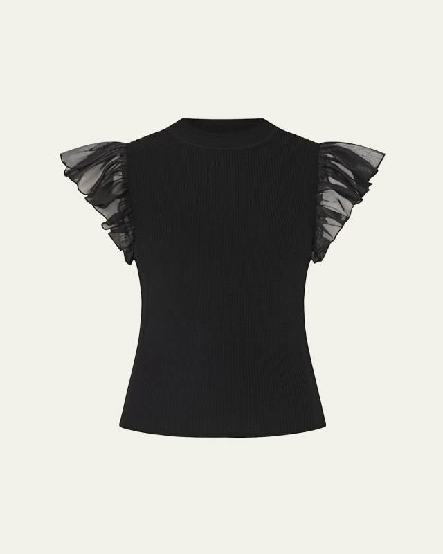 Ribbed Chiffon Flutter-Sleeve Top
